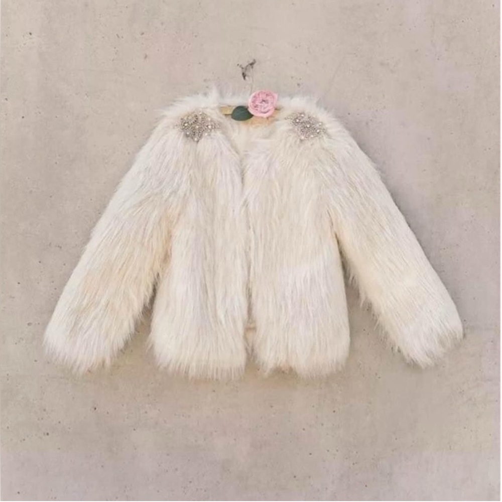 Joyfolie Faux Fur Jacket with Embellished Shoulders - Picture 3 of 12
